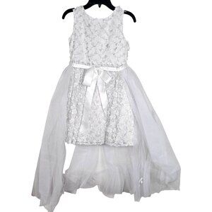 Badgley Mischka Girls White Floral Lace Tulle Dress W/ Satin Bow 2Pc Set Size 8